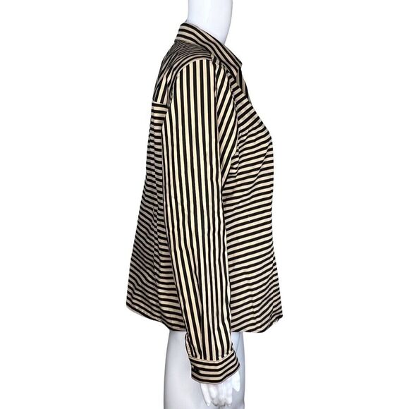 Chicos Shirt Womens Medium 1 Black Tan Stripe Wrinkle Resistant Casual Career - Picture 2 of 10